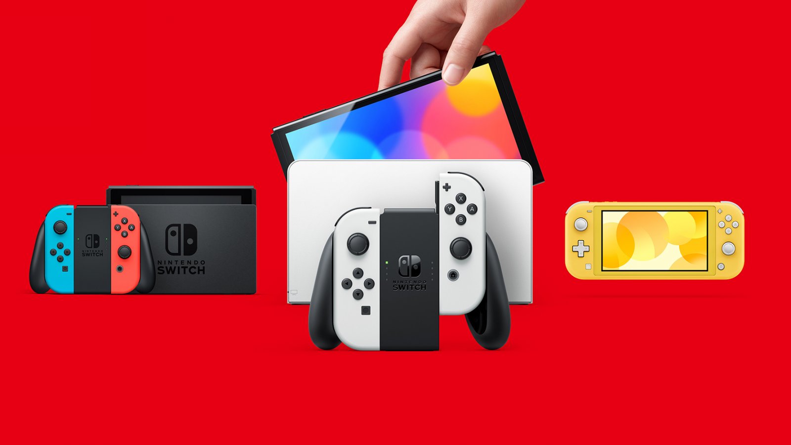 I tre modelli di Nintendo Switch, da sinistra a destra: standard, OLED e Lite