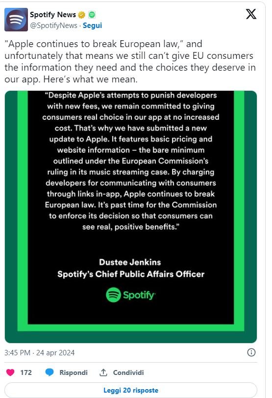 La nuova versione di Spotify per iOS,offriva descrizioni più dettagliate delle offerte e includeva link diretti per la sottoscrizione degli abbonamenti al di fuori dell'App Store