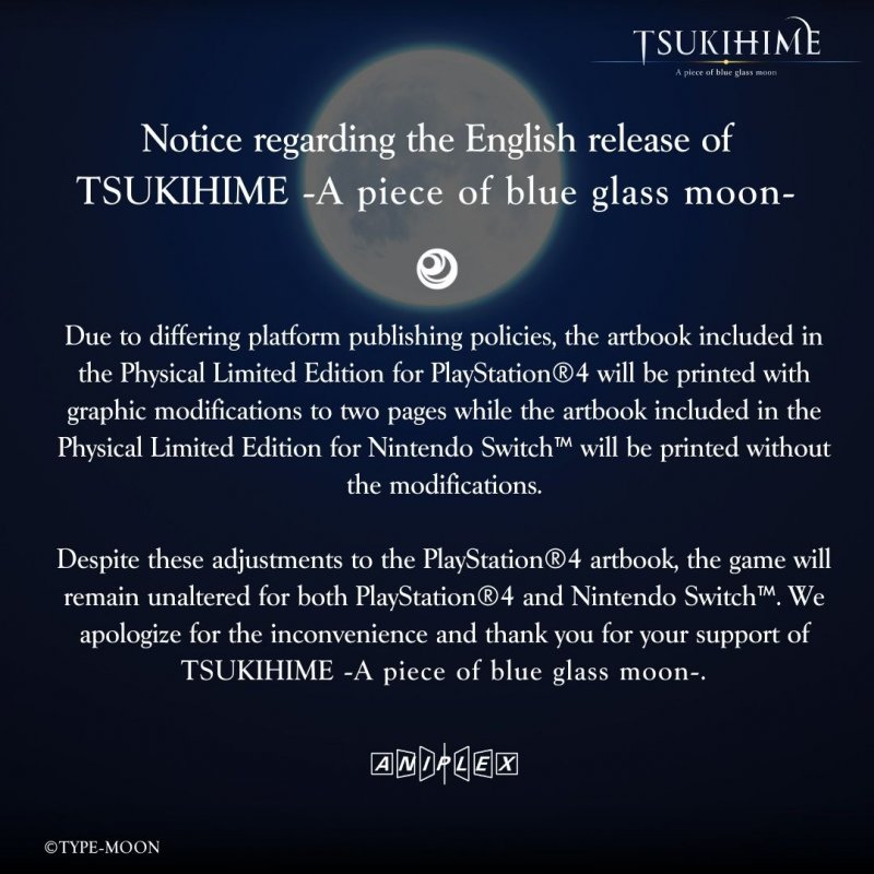 Il catalogo di Tsukihime: A piece of blue glass moon sarà censurato su PS4