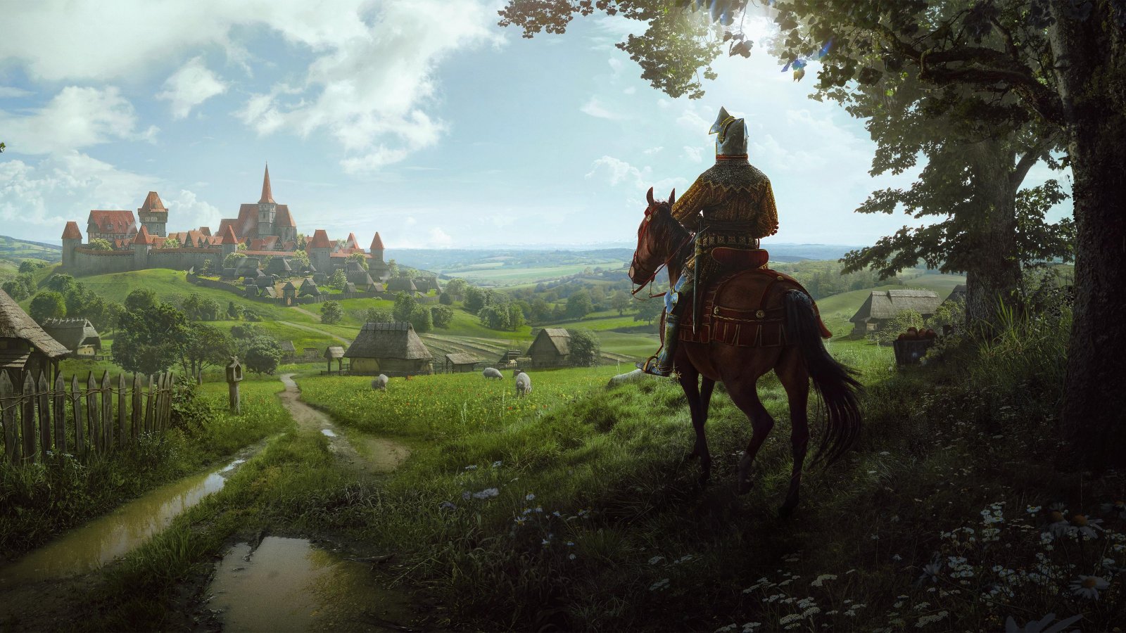 Un panorama di Manor Lords con un cavallo e cavaliere sulla destra e un castello sullo sfondo