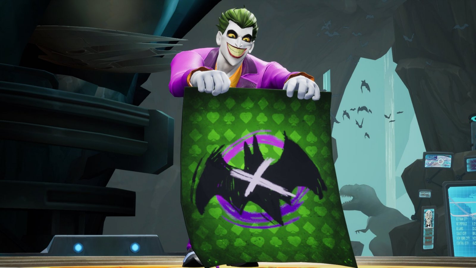 Joker che tiene un tappeto con il logo di Batman nel videogioco Multiversus