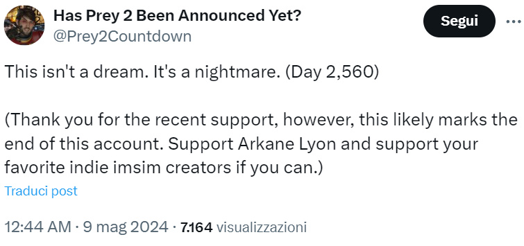 Il post finale dell'account che chiedeva Prey 2 tutti i giorni
