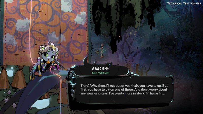 Tessitrice provetta prima e dopo essere stata punita dalla dea Atena, Aracne è una preziosissima alleata di Melinoe che non nasconde mai la fierezza che prova per i suoi tessuti