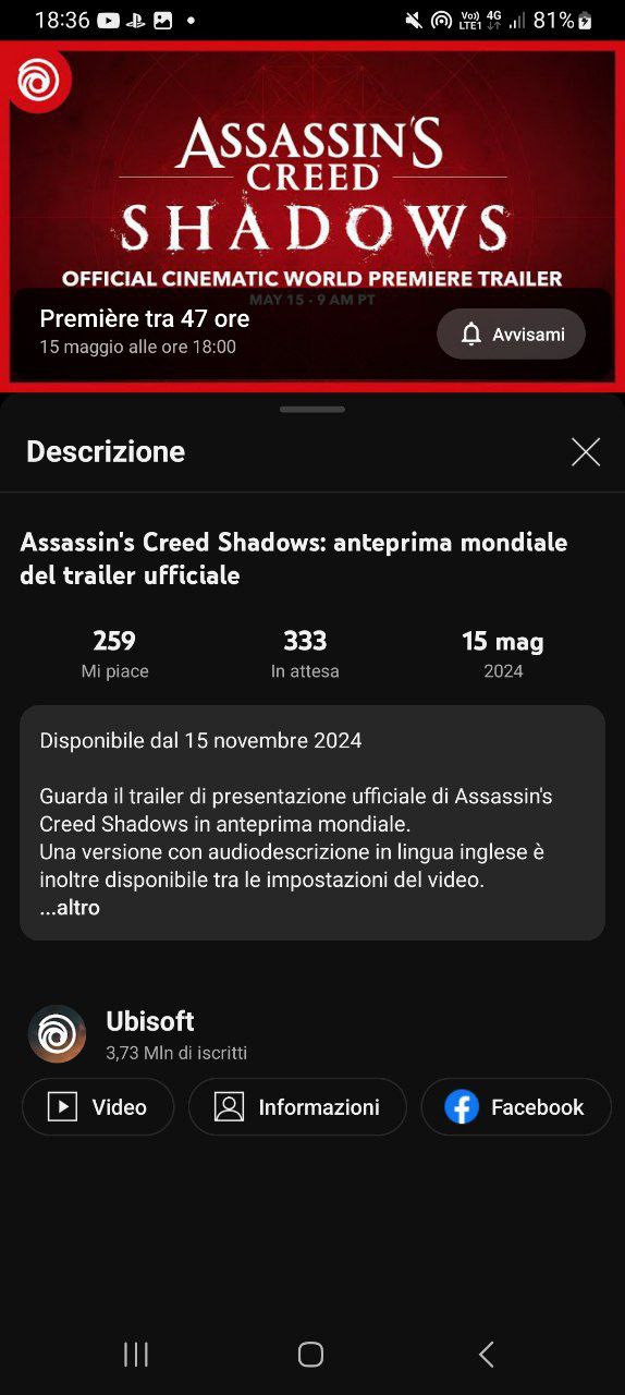 La descrizione del canale YouTube di Ubisoft che riporta la data di uscita di Assassin's Creed Shadows La descrizione del canale YouTube di Ubisoft che riporta la data di uscita di Assassin's Creed Shadows