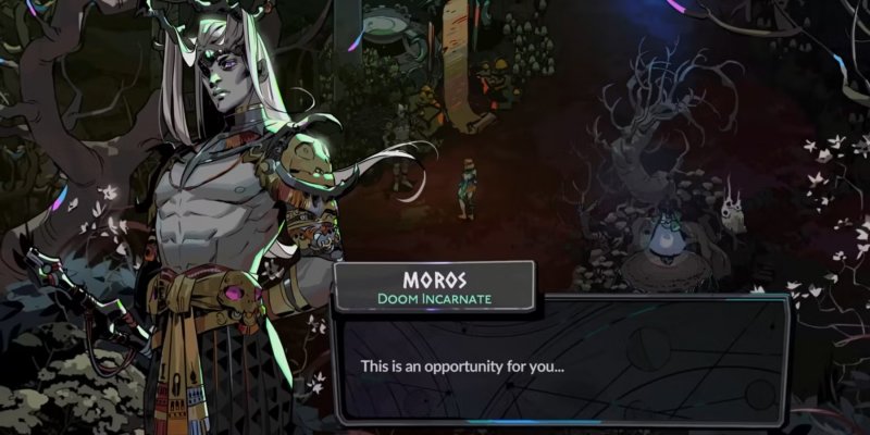 Ambiguo ma inaspettatamente munifico, Moros è un personaggio criptico che lascia ampio spazio di interpretazione alle sue parole nei suoi tentativi di aiutare Melinoe