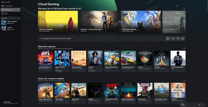 La sezione cloud di Xbox App