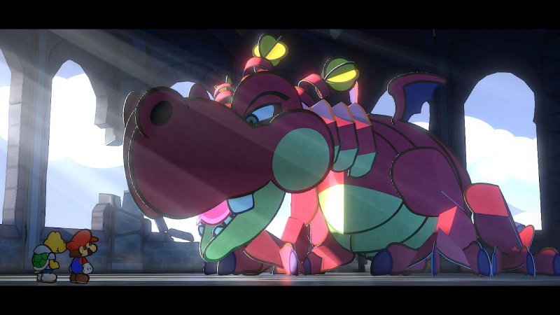 A 'paper' dragon stands before Mario in Paper Mario: The Thousand-Year Door