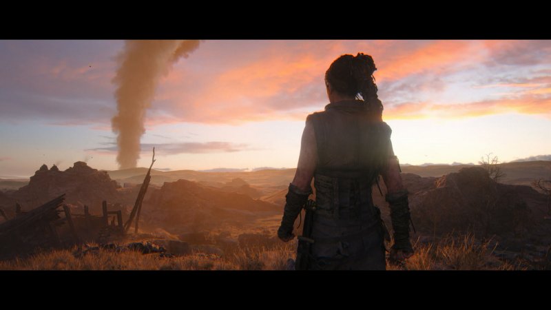 Senua in front of a panorama of Hellblade 2