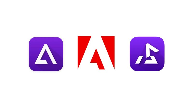 A sinistra il vecchio logo di Delta, al centro quello di Adobe e a destra il nuovo logo di Delta