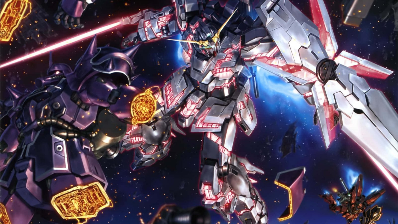 Un Gundam con spada e scudo che ha fatto a pezzi un robot nello spazio