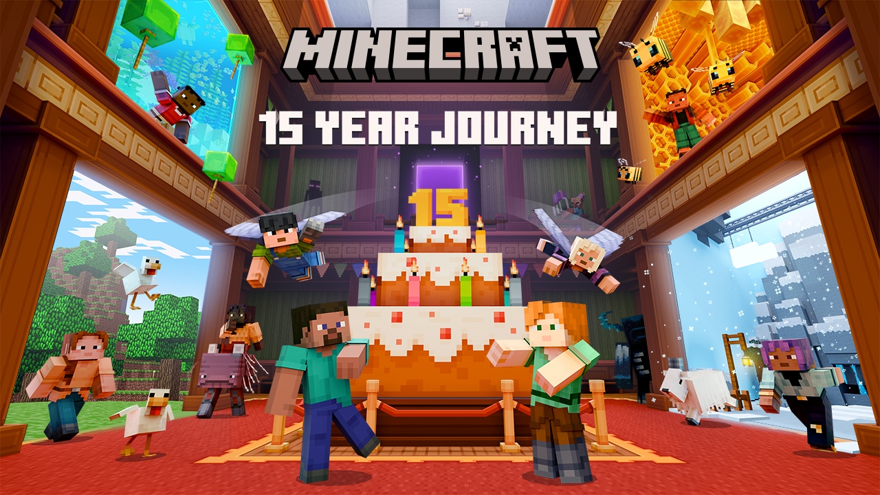 Il museo di Minecraft con al centro una torta per il quindicesimo anniversario del gioco