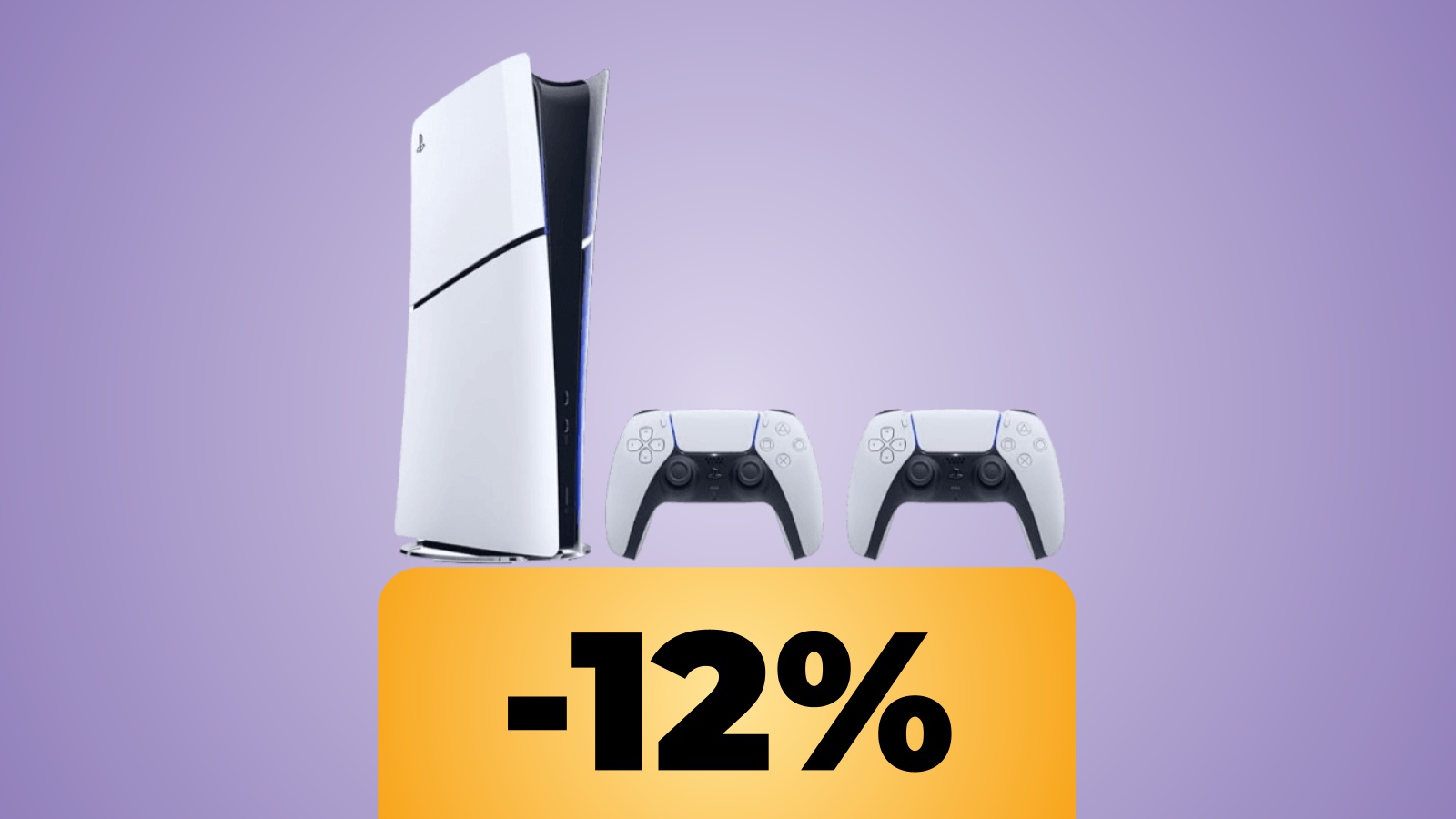 PS5 Slim digital in verticale con due controller DualSense e lo sconto percentuale di Amazon