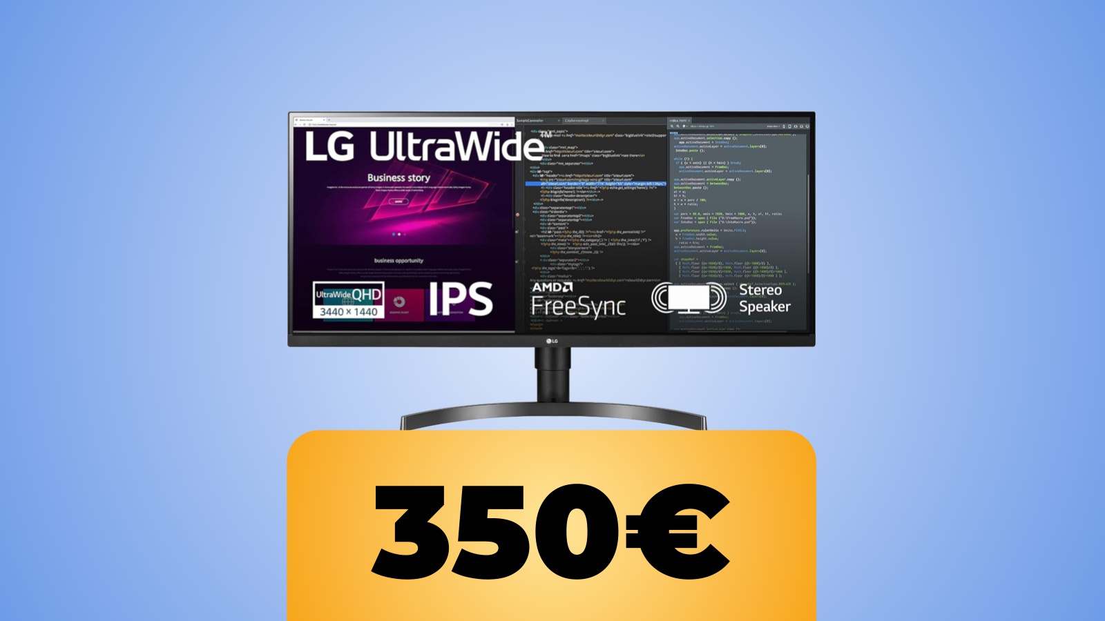 Il monitor UltraWide LG 34 pollici in 3440x1440 con sotto il prezzo dell'offerta Amazon