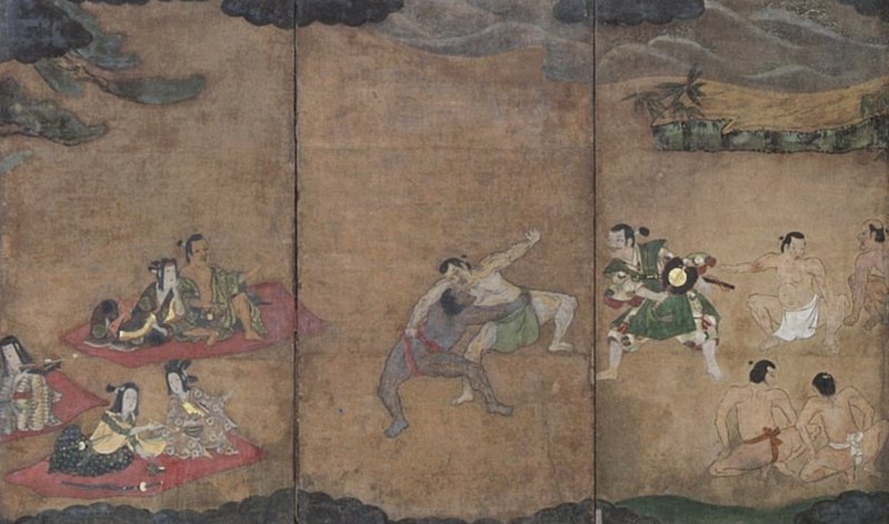 Some scholars believe that the dark-skinned man fighting in the center of Sumō Yūrakuzu Byōbu, a 1605 drawing in the Sakai City Museum, is Yasuke and that the character to his right, playing the role of a gyōji, is Oda Nobunaga