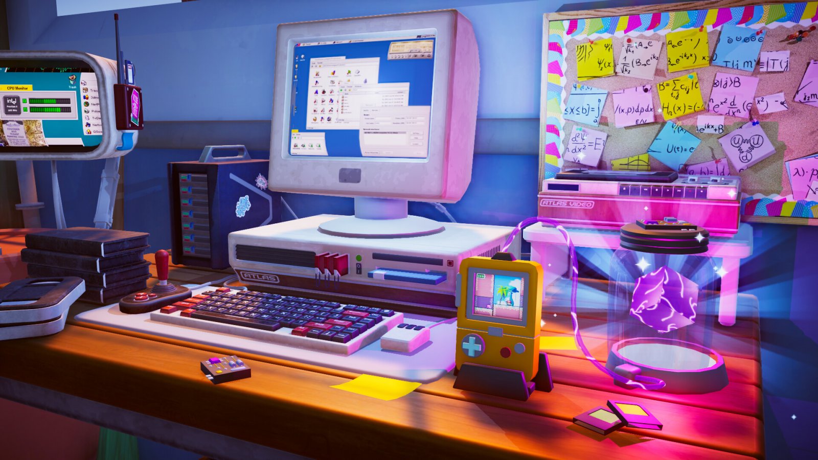 Una scrivania con un computer e una console in stile Game Boy del gioco Screenbound