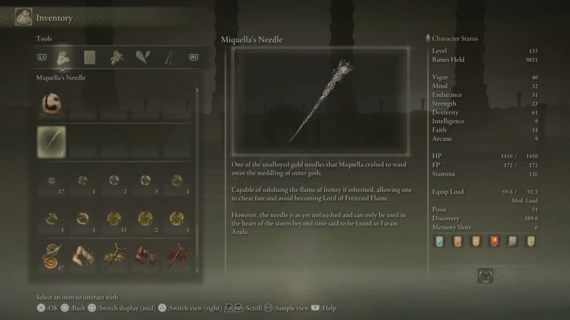 Utilizzando l'Ago di Miquella alla grazia di Placidusax potete curarvi dalla Fiamma della Frenesia. Utilizzando l'Ago di Miquella alla grazia di Placidusax potete curarvi dalla Fiamma della Frenesia.