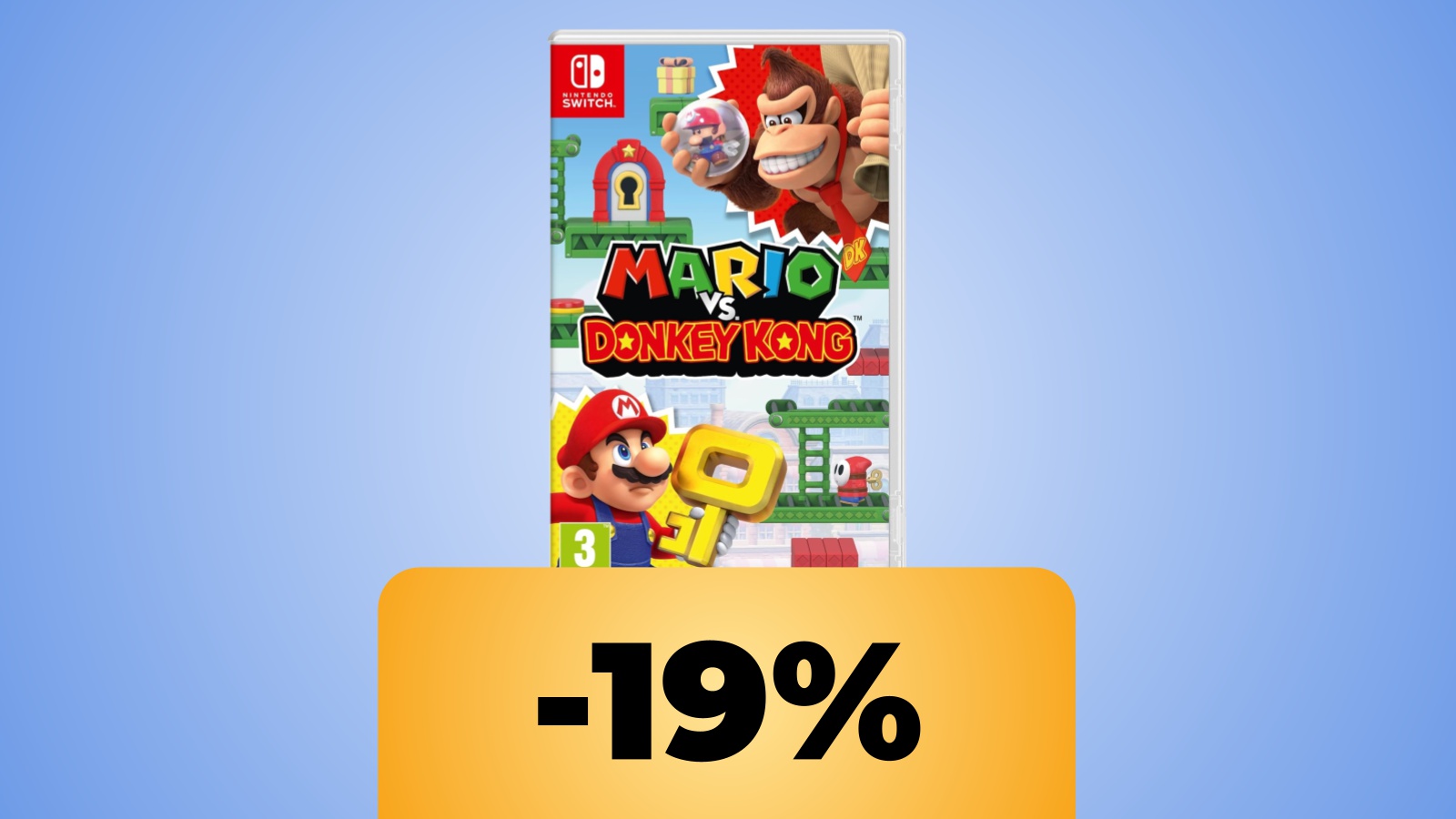 La confezione di Mario vs. Donkey Kong con sotto lo sconto in valore percentuale di Amazon