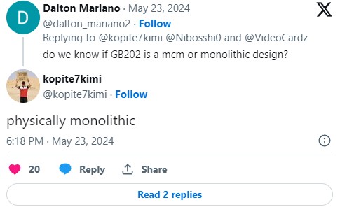 Il tweet di Kopite7kimi sul design del die delle RTX 5090