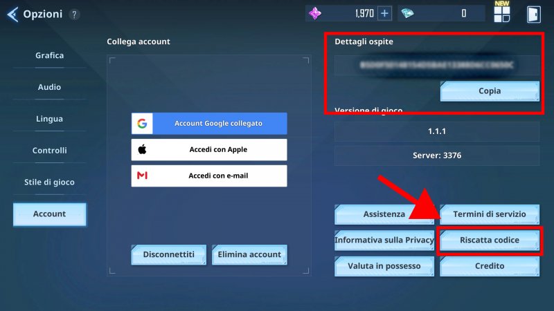 La schermata per il riscatto dei codici all'interno del gioco. In alternativa è possibile immetterli nel portale web dedicato, copiando i 'dettagli ospite'