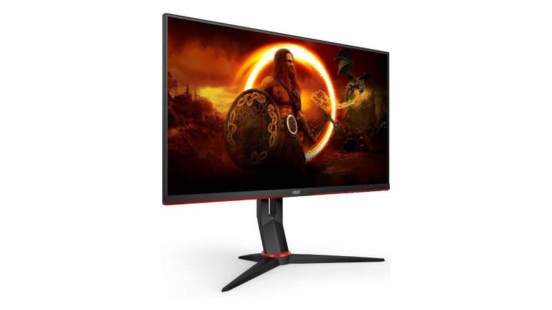 Il monitor AOC Gaming Q27G2S visto dal lato sinistro: possiamo notare la forma della base e lo spazio che occupa