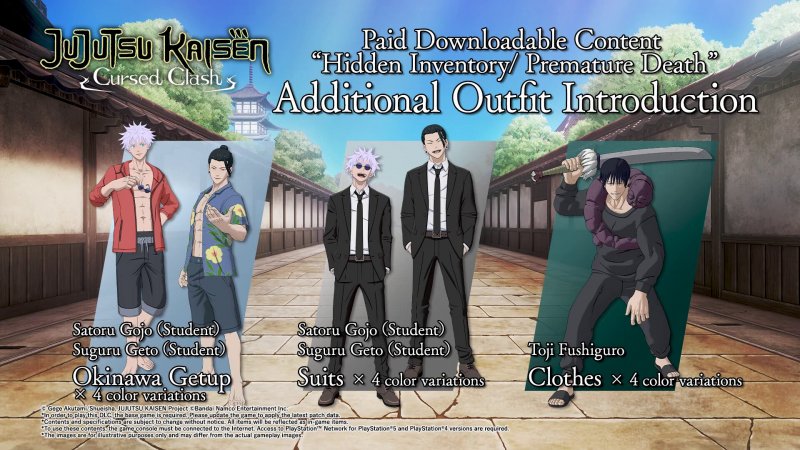 Un'immagine che riassume i contenuti principali del DLC Hidden Inventory / Premature Death di Jujutsu Kaisen: Cursed Clash Un'immagine che riassume i contenuti principali del DLC Hidden Inventory / Premature Death di Jujutsu Kaisen: Cursed Clash