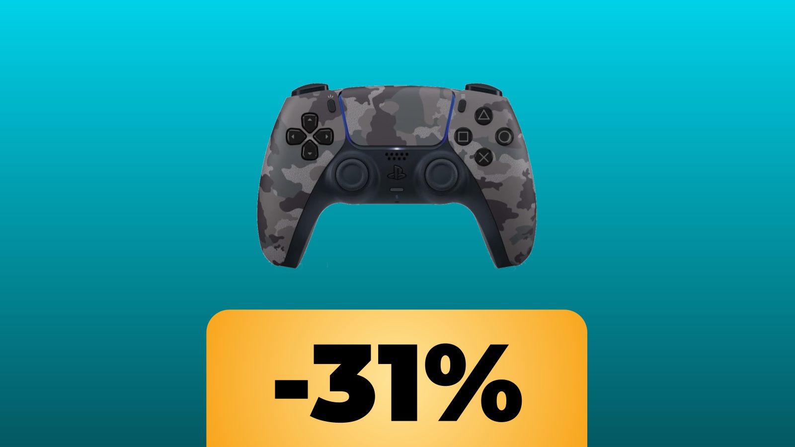 Il controller DualSense Grey Camo per PS5 visto dall'alto, con sotto la percentuale di sconto di Amazon
