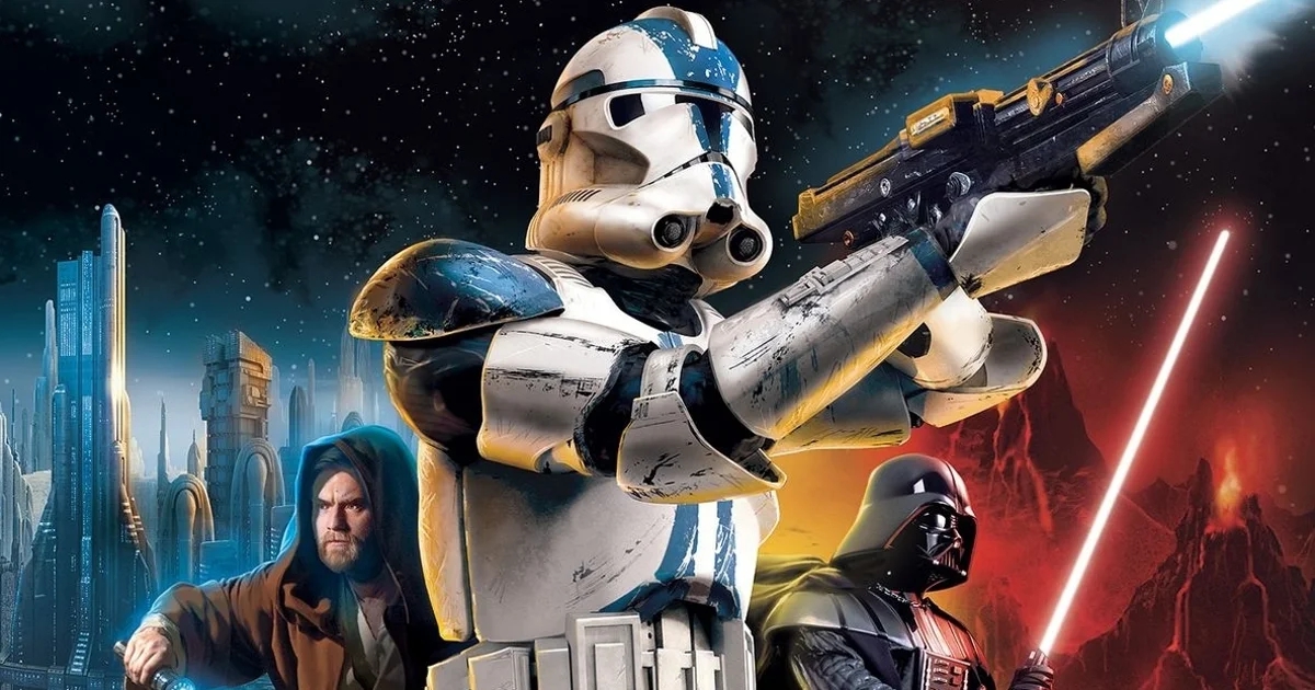 Uno Stormtrooper, Darth Vader e uno Jedi dalla copertina di Star Wars: Battlefront 2