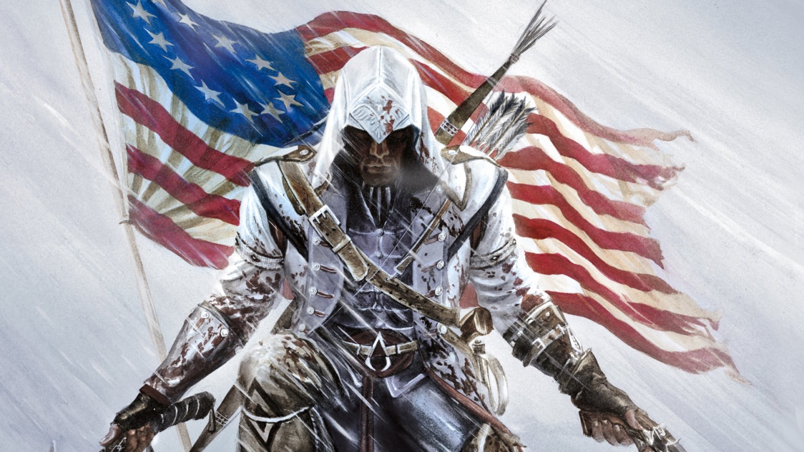 Connor da Assassin's Creed 3 di fronte a una bandiera degli USA