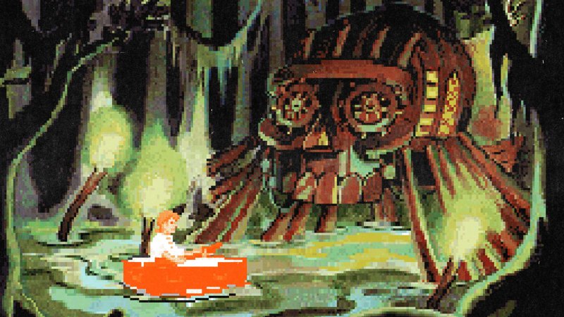 Guybrush sta per addentrarsi in un luogo misterioso nella scena della palude di Moneky Island 2 Guybrush sta per addentrarsi in un luogo misterioso nella scena della palude di Moneky Island 2