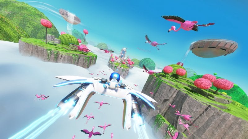 Astro robot riding a DualSense controller with rockets on an archipelago of flying islands with flamingos