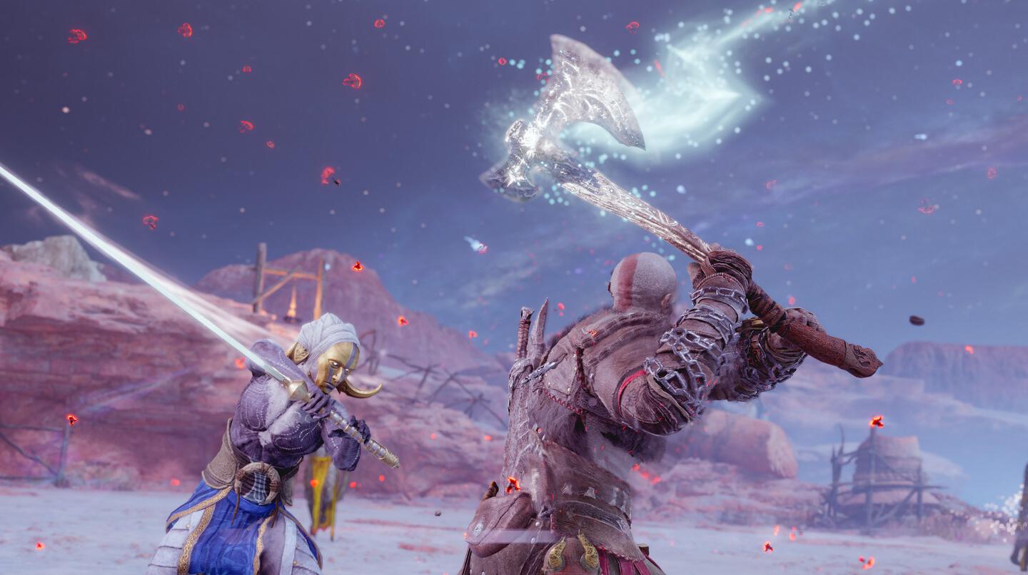 Kratos e un elfo che stanno per colpirsi a vicenda