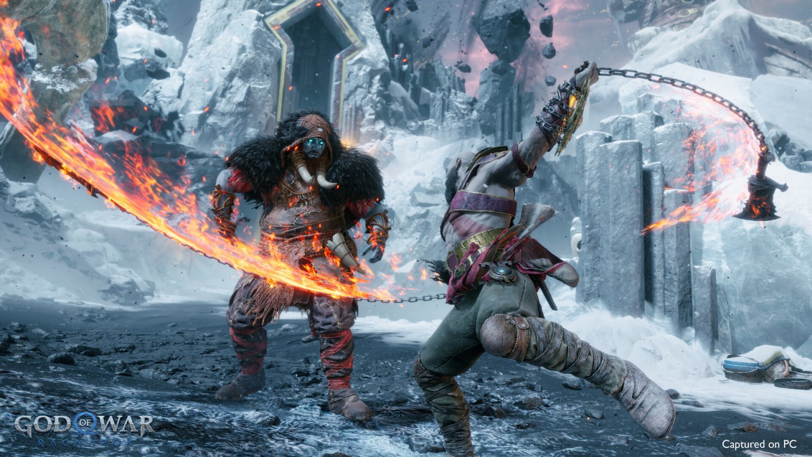 Kratos che combatte con un vichingo in God of War Ragnarok