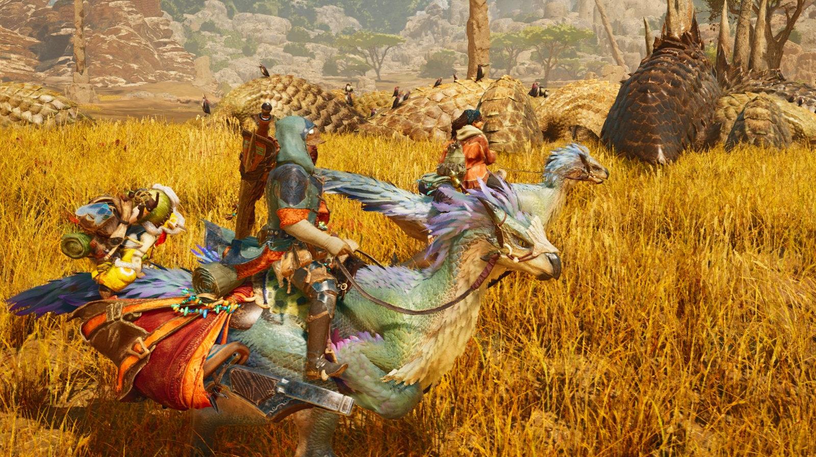 Il personaggio di Monster Hunter Wilds con la cavalcatura in un campo di erba dorata