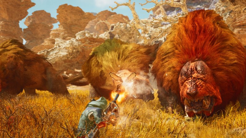 Il cacciatore di Monster Hunter Wilds affronta un branco di Doshaguma