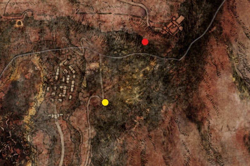 Il puntino rosso indica la parete illusoria da rompere per entrare nel Ritiro di Sellia. In giallo abbiamo segnato la Chiesa della Pestilenza per aiutarvi a orientarvi. Il puntino rosso indica la parete illusoria da rompere per entrare nel Ritiro di Sellia. In giallo abbiamo segnato la Chiesa della Pestilenza per aiutarvi a orientarvi.
