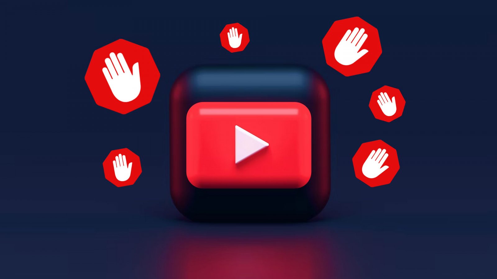 Il logo di YouTube e una seri di cartelli rossi con una mano