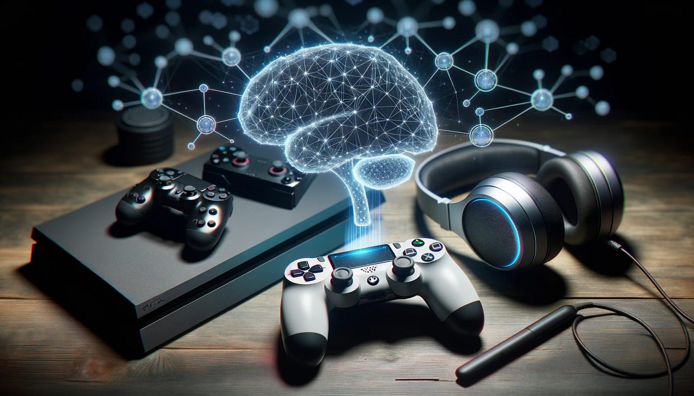 Un cervello formato digitale sopra una serie di controller, una console e un paio di cuffie da gioco