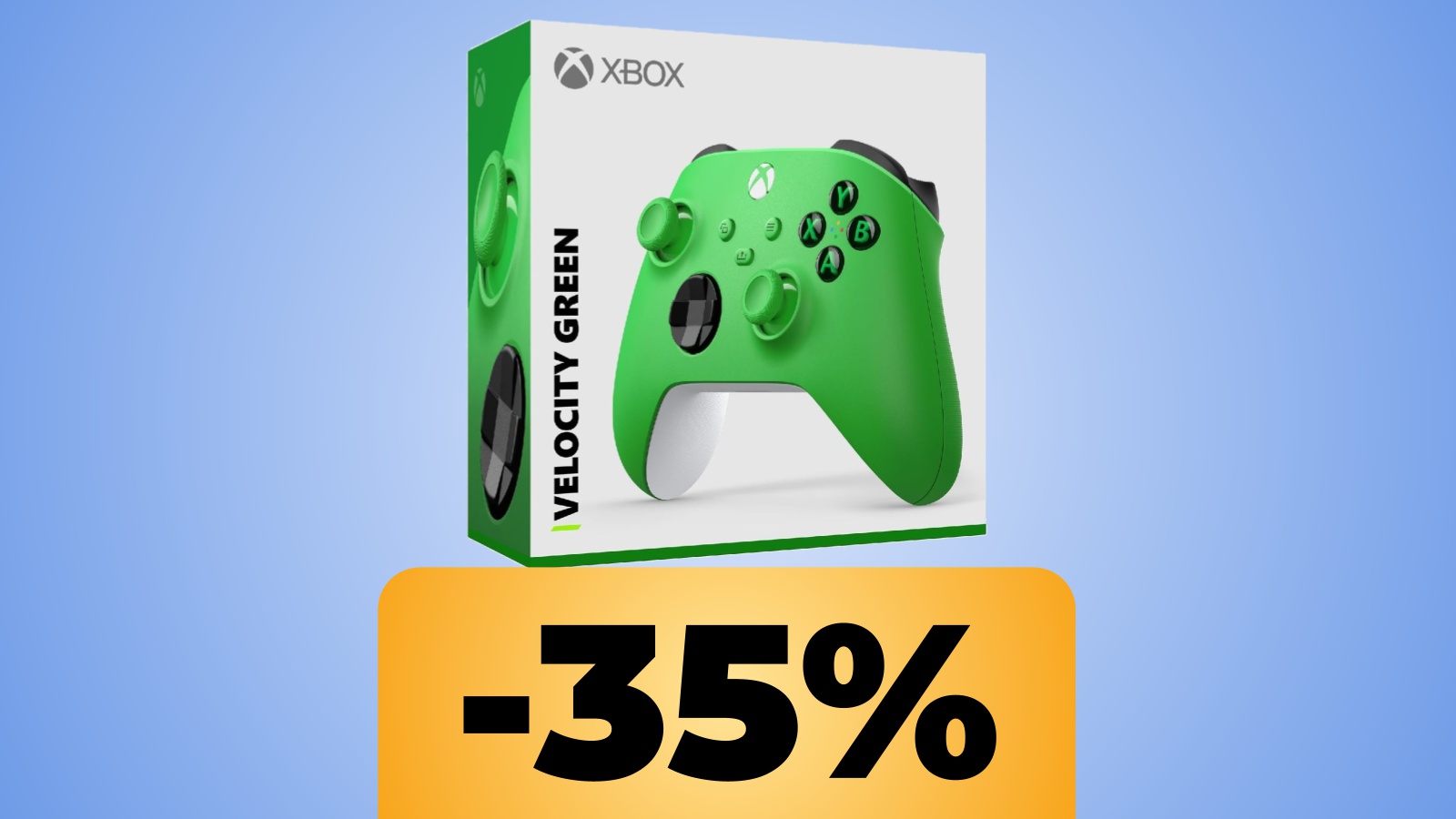 Il controller Xbox di colore Velocity Green (verde) con sotto la percentuale dello sconto di Amazon