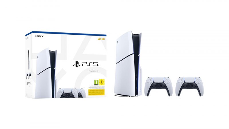 La confezione di PS5, con a fianco la console e due controller DualSense