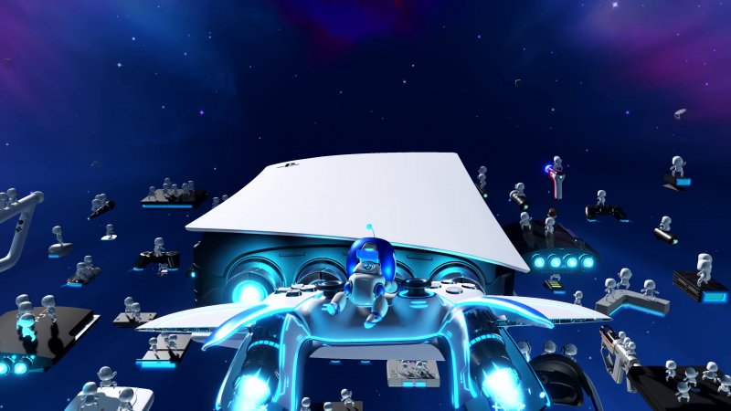 Una scena di Astro Bot nella quale PS5, DualSense e tanti hardware PlayStation divetano delle navi spaziali