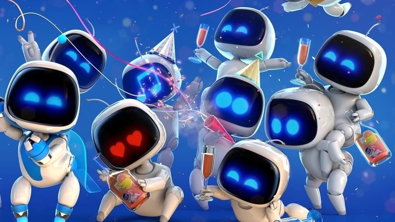 Un gruppo di Astro Bot che festeggian con stelle filanti e bicchieri