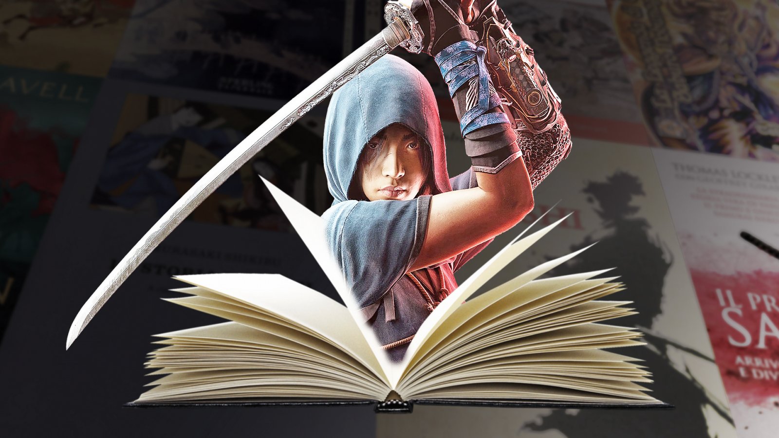 I protagonisti e il logo insanguinato di Assassin's Creed Shadows