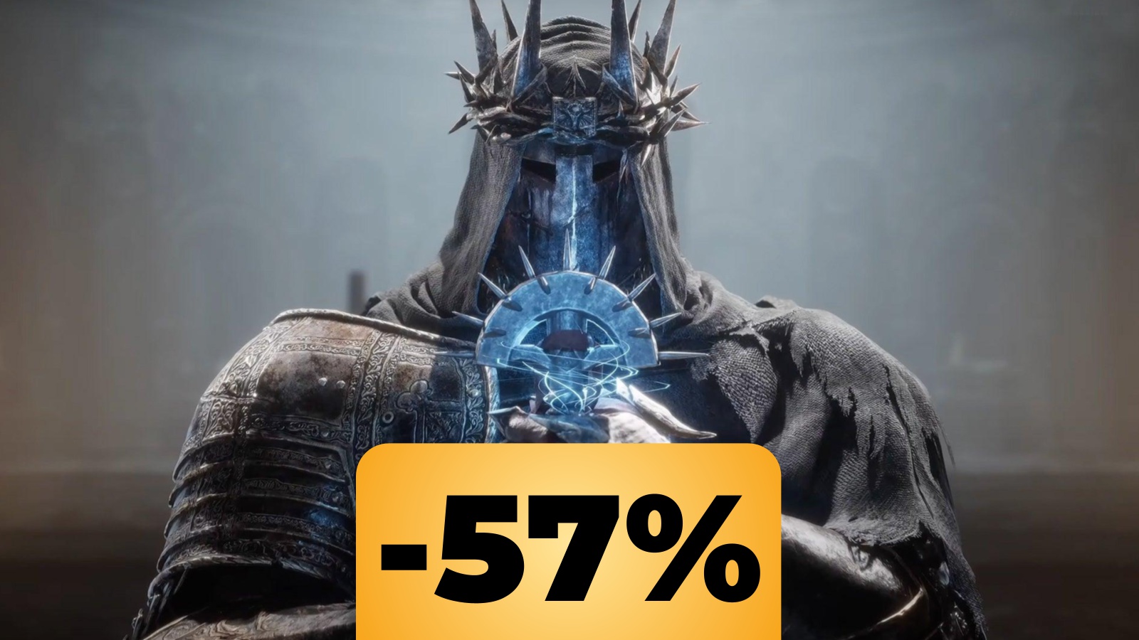 Il protagonista di Lords of the Fallen che impugna un talismano e in basso la percentuale dello sconto dell'offerta di Amazon