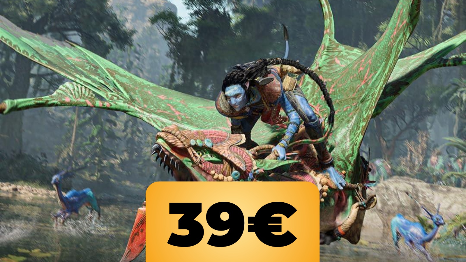 Il Na'Vi di Avatar Frontiers of Pandora che cavalca un Banshee e sotto il prezzo del gioco su Amazon