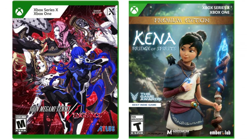 A sinistra la cover di Shin Megami Tensei 5 per Xbox con il vecchio formato, a destra quella di Kena Bridge of Spirits con quello nuovo