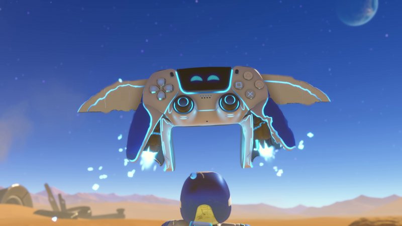Il controller DualSense nel gioco Astro Bot, con razzi e alette per volare