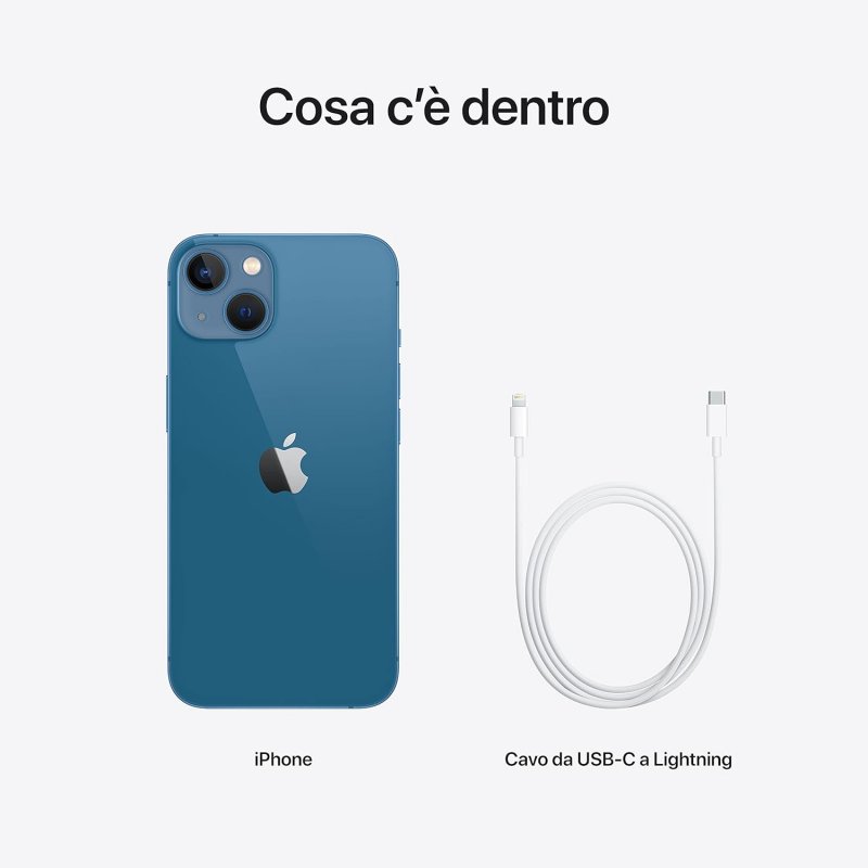 I contenuti della confezione: un Apple iPhone 13 e un cavo Lightning