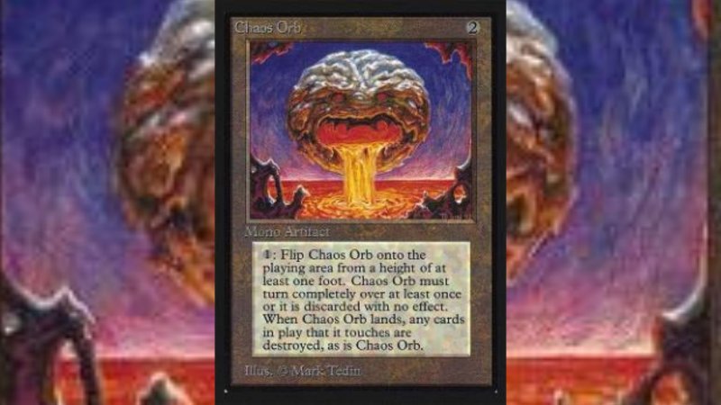 Chaos Orb è la protagonista di uno degli aneddoti di Magic competitivo più divertenti di sempre: un giocatore a un torneo ne ha strappata una in tanti piccoli pezzi sperando di moltiplicarne l'effetto, ma è stato squalificato Chaos Orb è la protagonista di uno degli aneddoti di Magic competitivo più divertenti di sempre: un giocatore a un torneo ne ha strappata una in tanti piccoli pezzi sperando di moltiplicarne l'effetto, ma è stato squalificato
