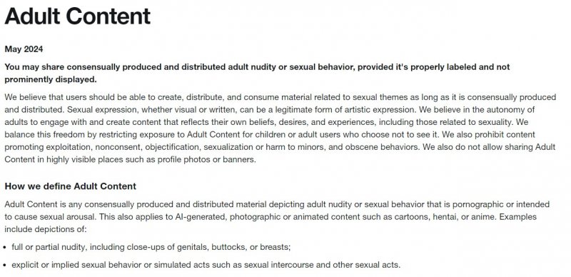 La pagina del supporto di X dedicata ai contenuti per adulti