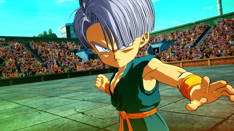Trunks sullo sfondo dell'arena del Torneo Tenkaichi in Dragon Ball: Sparking! Zero Trunks sullo sfondo dell'arena del Torneo Tenkaichi in Dragon Ball: Sparking! Zero